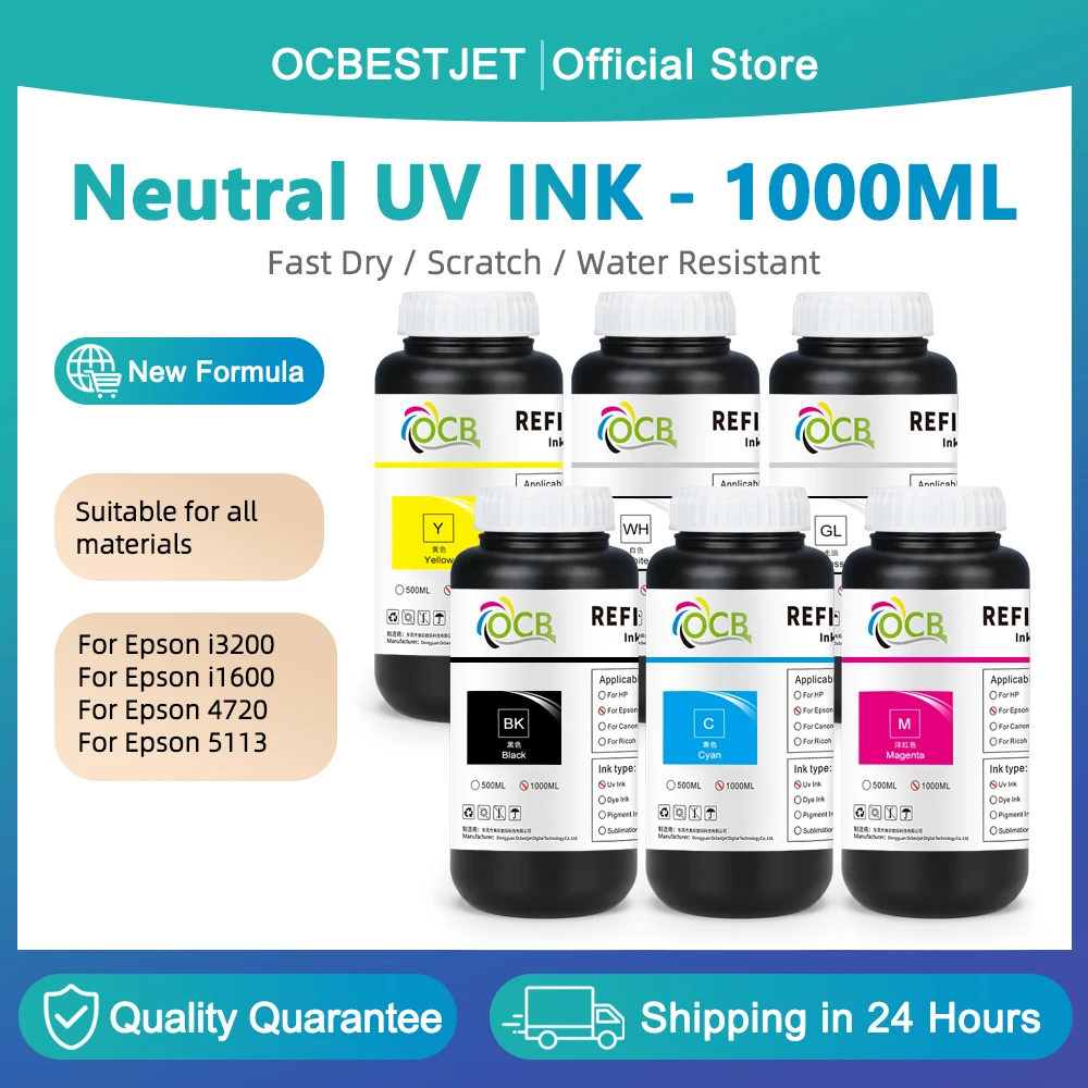 

УФ-чернила 1000 мл, нейтральные, для печатающих головок Epson i3200, i1600, 4720, 5113, для печати на мягких и твердых материалах, УФ-отверждаемые