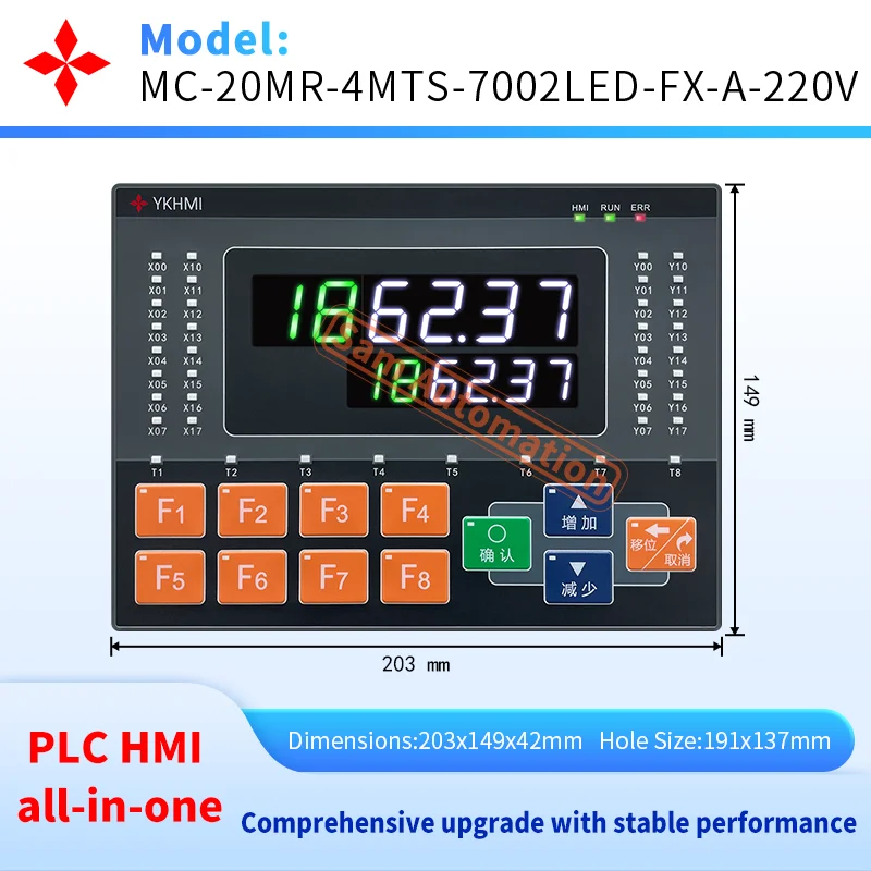 

YKHMI 7Inch 18MR/20MR PLC LED All-In-One, Compatible With FX1S, 9 Input 9 Output, 2 Pulse 100K For Servo or Stepper Motor