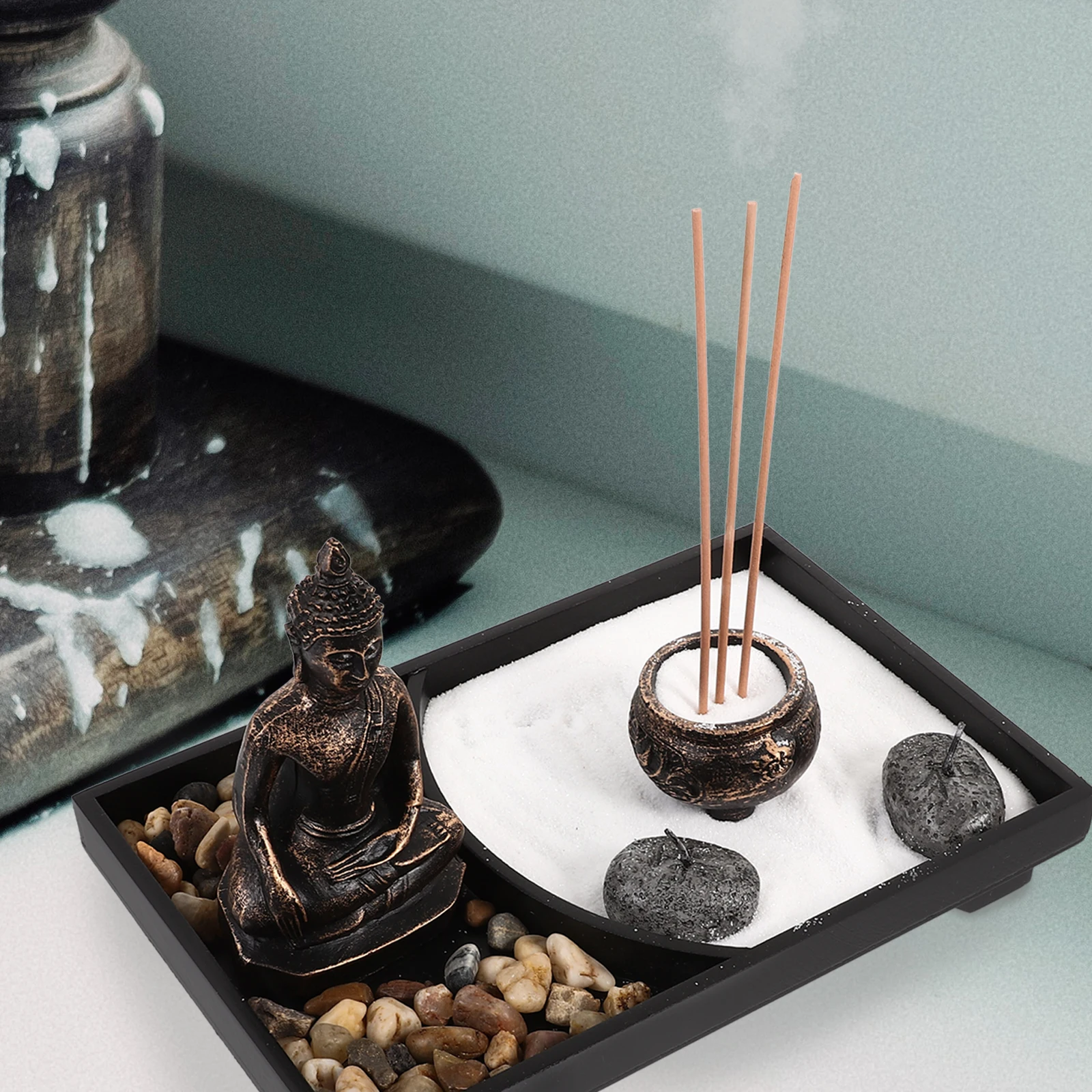 

1Set Buddha Statue Zen Style Incense Stick Holder Decorative Resin Wood Holder Home Meditation Room Table Decor Buddha