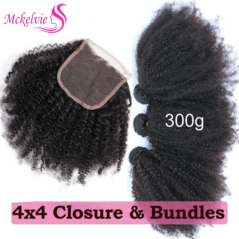 Afro Kinky Curly Human Hair 3 Bundles With 4x4 Lace Closure Free Part Brazilian Remy Afro Curly Human Hair Bundles With Closure