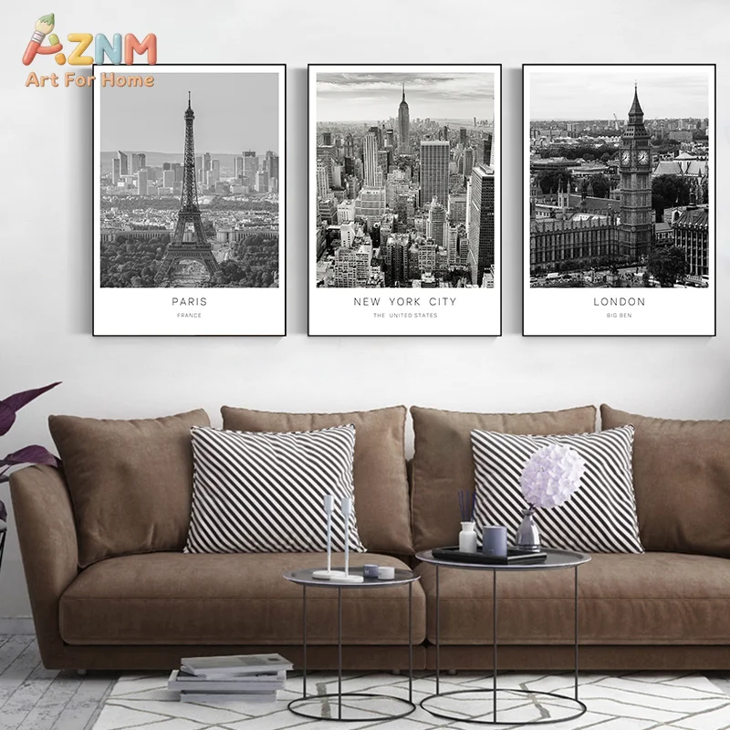 AZNM Black White World City Landmark Canvas Wall Art Travel New York Paris London Scenery Poster Living Room Unframed Decor Prin