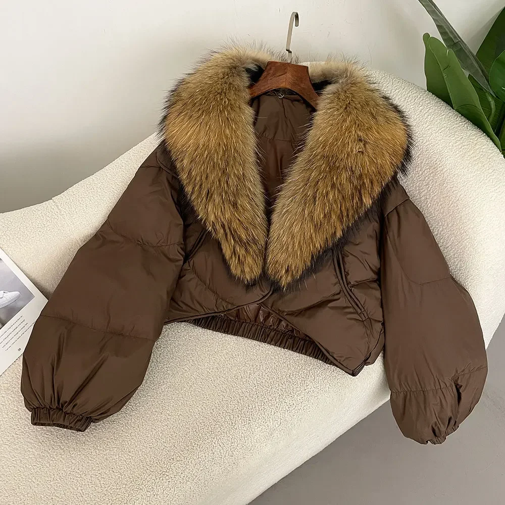 Luxurious Winter Jacket Women Real Fox Raccoon Fur Collar Natural Thick Warm Duck Down Coat Short Outerwear Streetwear Loose