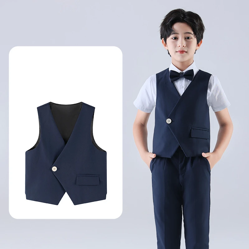 Luxurious Kids Wedding Party Waistcoat For Teen Boys Elegant Navy Color Formal Suit Waistcoat Children One Button Wear Age 4-16Y
