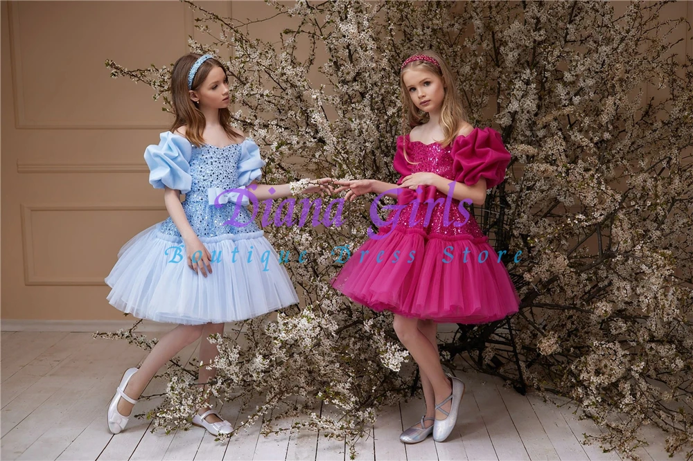 Gorgeous Flower Girl Dress Blue Or Red Embroidered Long Sleeve Luxury Evening Party Wedding Dresses Christmas Clothing Gowns