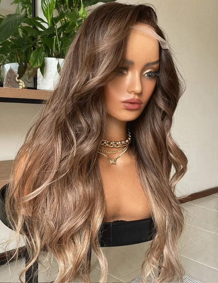 

Long Ombre Brown 24inch 5x5 Silk Base Jewish Human Hair Wig 180Density Body Wave With Baby Hair HD Lace European Hair Preplucked