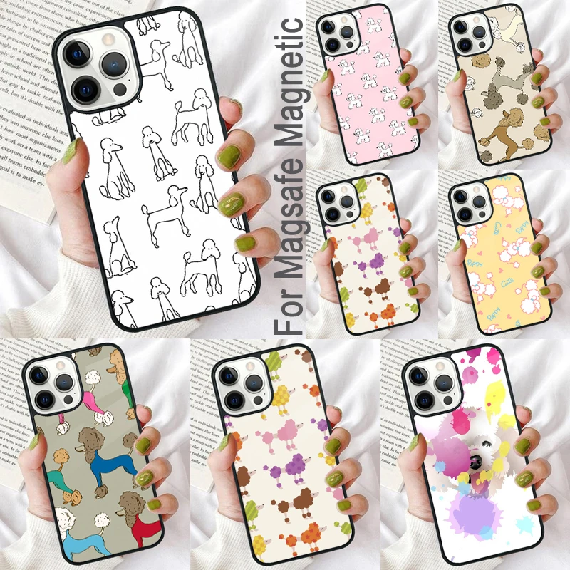 Cartoon Poodles Pattern Magnetic Soft Phone Case for iPhone 16 Promax 15 Pro 13 14 Plus 11 12 Mini MagSafe Coque