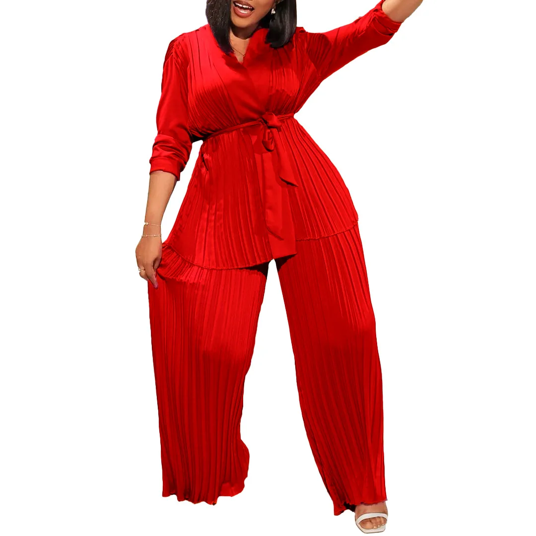 African Women Spring Summer Long Sleeve V-neck Polyester Pleated 2 PCS Sets Top  Long Pant Matching Sets African Clothes