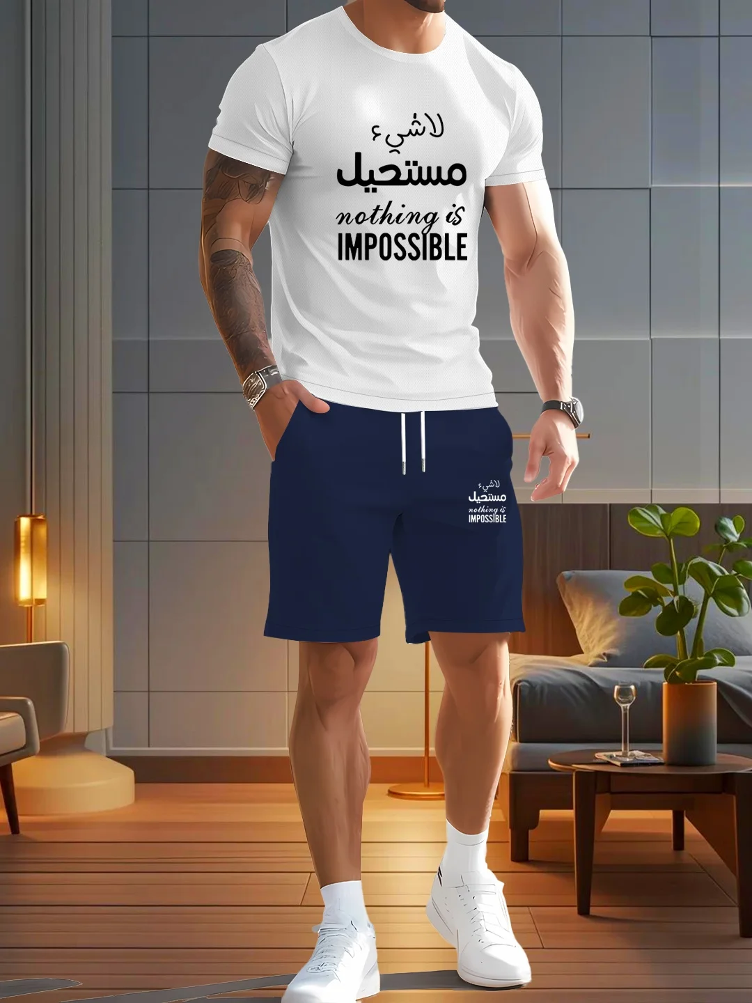 

Pattern printed men's two-piece fashionable casual clothing set, round neck short sleeved T-shirt and drawstring shorts, suitabl