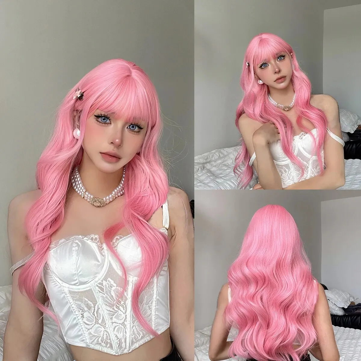 Light Pink Synthetic Hair Wigs Long Wavy Natural Hair Wigs with Bangs for Women Cosplay Lolita Wig Heat Resistant