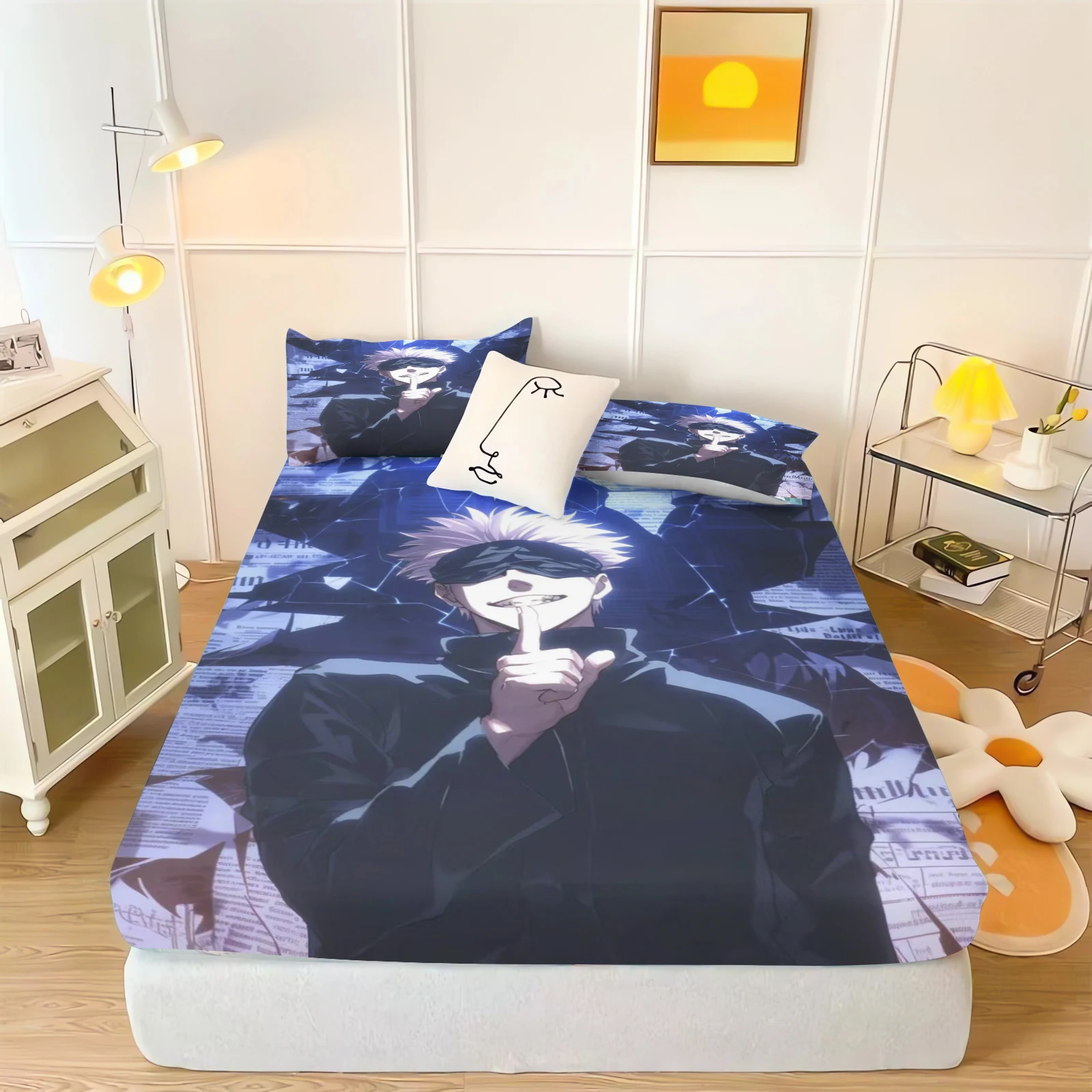 Anime Fitted Sheet Gojo Satoru Children Cartoon Skin-Friendly Elastic Digital Sheets Soft Breathable Cute Printing