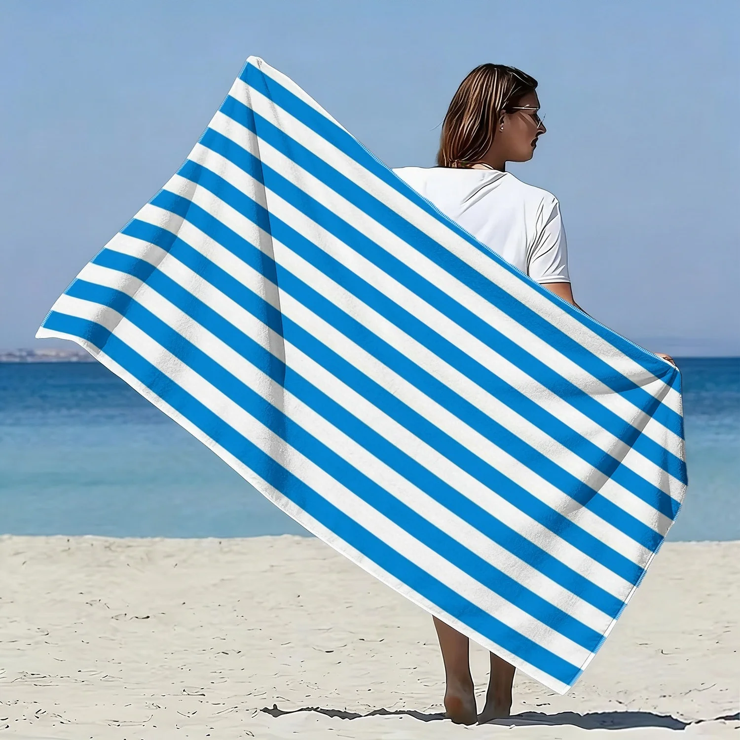 Customize 1pc Fresh Ocean Style Soft Towel, Suitable for the Beach, Blue and White Vertical Stripe Print Pattern, Microfiber Bat