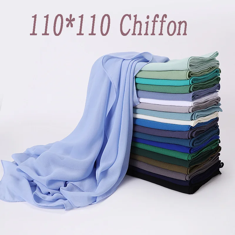 Ramadan Chiffon Hijab Scarf 110*110cm Solid Color Muslim Fashion Shawl Headscarves For Women Islam HeadWraps Ladies Scarves Veil