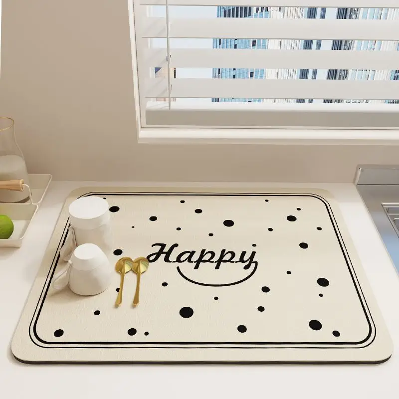 Black Polka Dot Smiley Face Letter Kitchen Drain Mat, Anti Slip Coffee Machine Tableware, Kitchen Countertop Protection Mat
