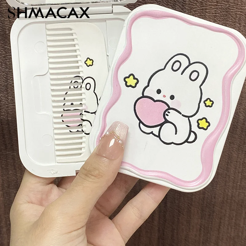 Cartoon Cute Rabbit Folding Clamshell Mirror Makeup Mirror With Comb Portable Creative For Women Girls Handheld Mirror