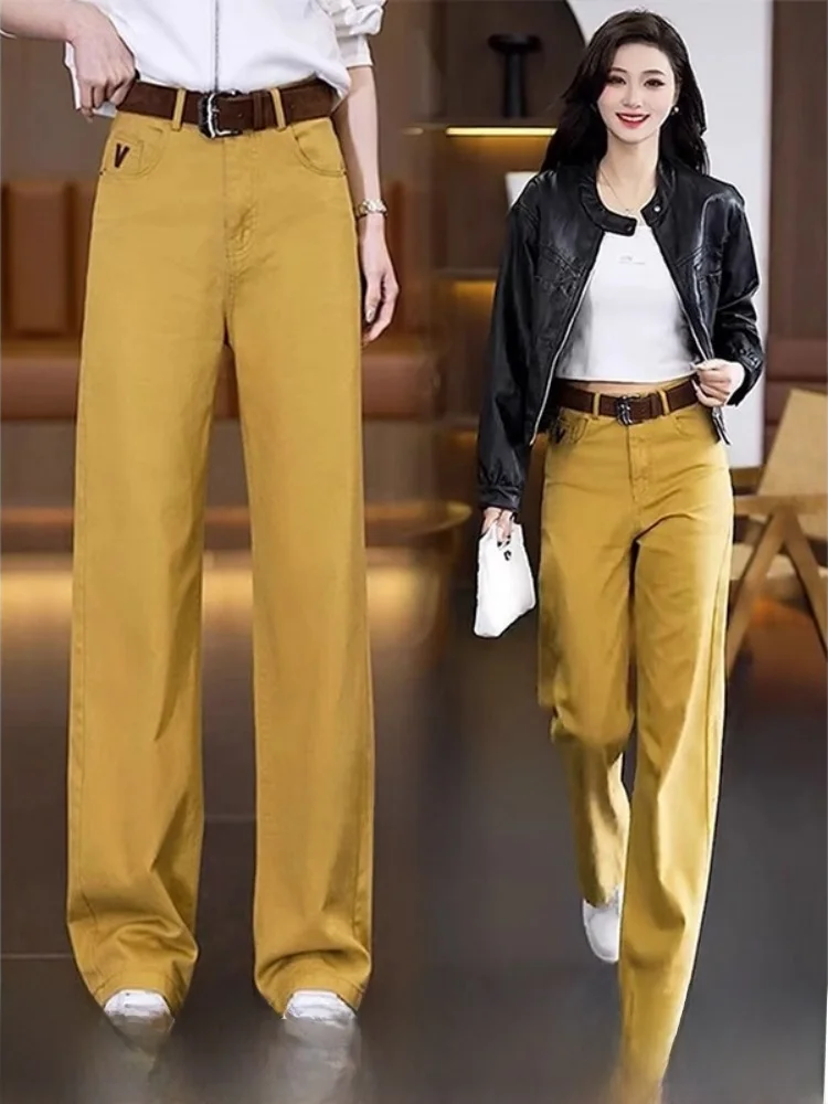 

Women's High Waist Straight Leg Jeans Wide Leg Casual Trousers Stand Fit Pure Color Spring Autumn Season Denim Fabric
