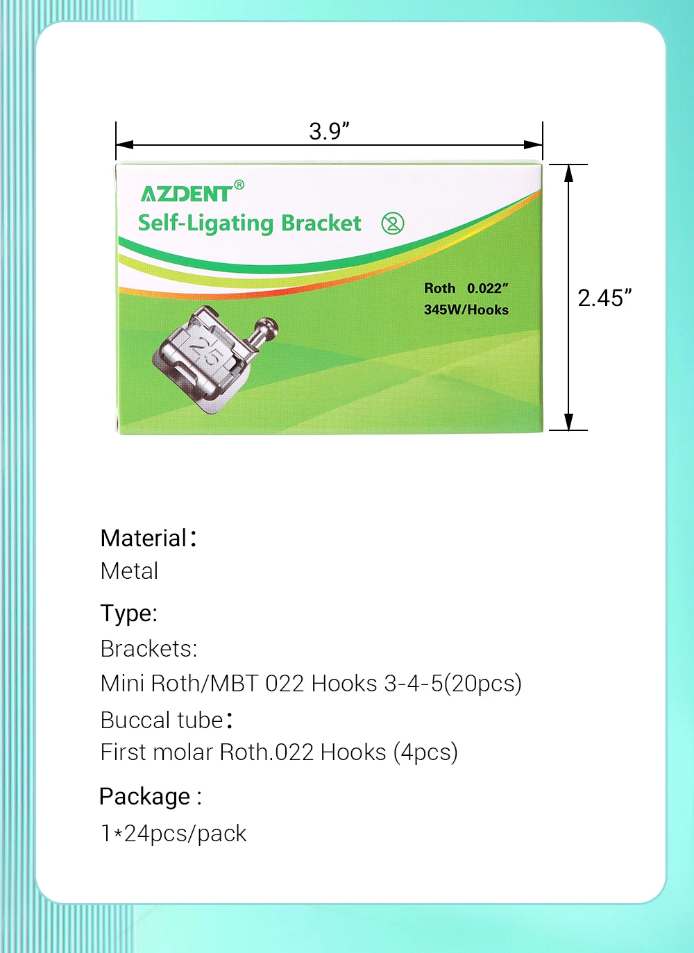 5 Packungen Azdent Dental Kieferorthopädische Zahnspangen Passive Selbstligierende Brackets mit Bukkalröhrchen Mini MBT Roth 0.022 Haken 345 Ortho-Werkzeug – Detail 11