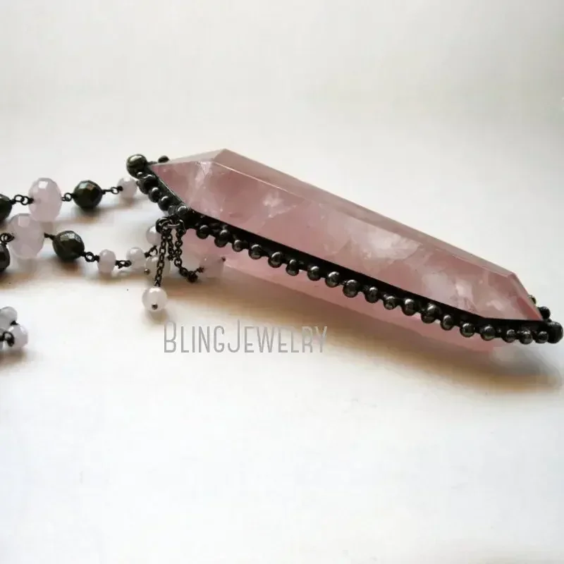 Massive Rose Quartz Crystal Point Necklace Shimmering Faceted Pyrite Bead Chain Gothic One Piece Boho Goblincore Jewelry Arcane