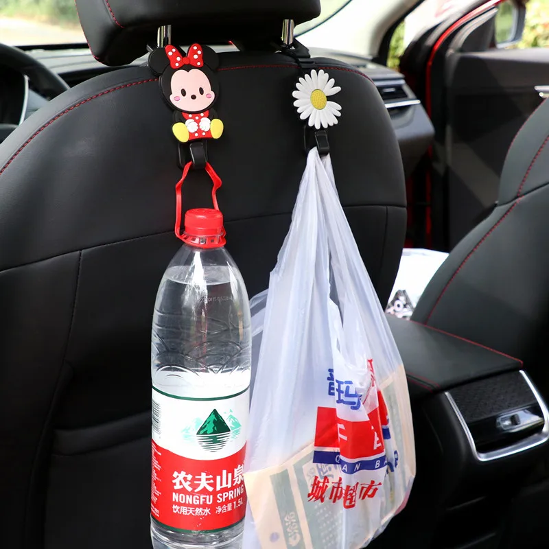 Disney Anime Mickey Mouse Car Seat Back Hook Ornaments Cartoon Cute Minnie Auto Headrest Storage Holder Hanging Bag Accessories