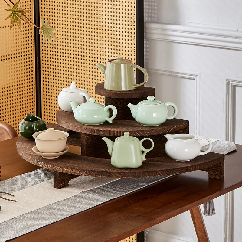 Solid Wood SemiCircular Display Shelf Handmade Zen Tea Set Organizer MultiLevel Ladder Storage Rack for Tea Set Tea Storage