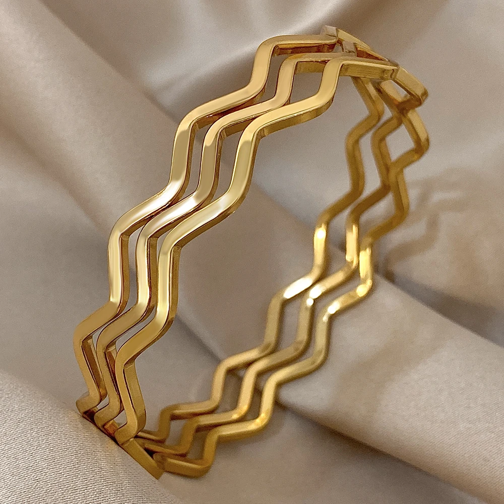 3pcs Glossy Gold Plated Stainless Steel Bracelet for Women Minimalist Wave Wristband Bangle Bracelets Waterproof Jewelry