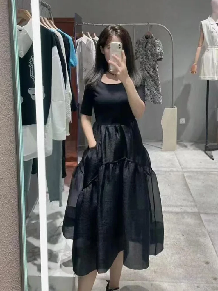 Ele Bla Średniej Długości Dzianinowa Spódnica Damska z Wysokim Stanem w Kształcie Litery A Letnia Nowa Krótka Spódnica z Okrągłym Dekoltem