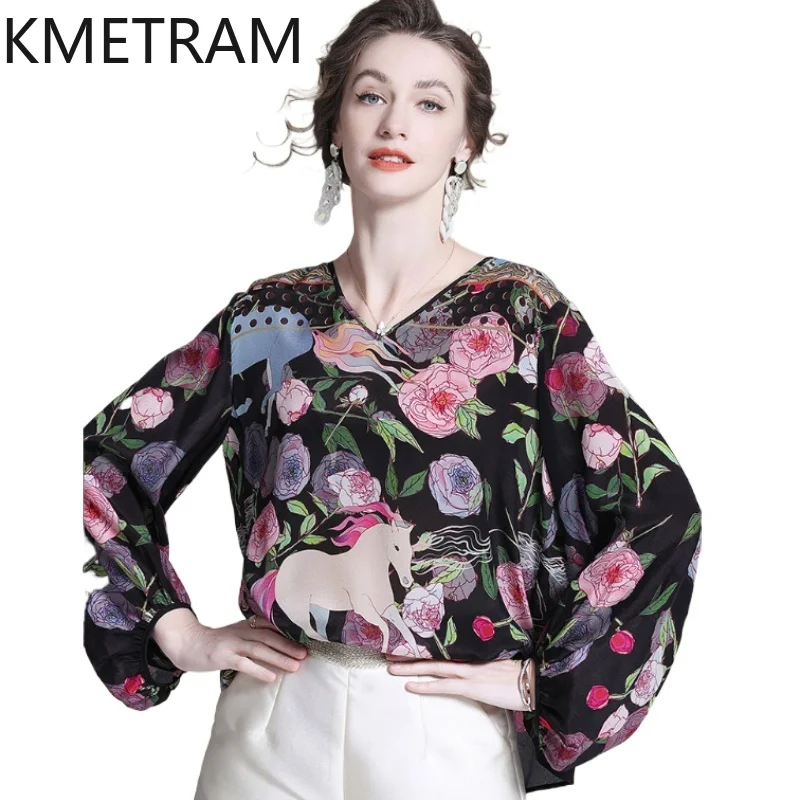 

KMETRAM 100% шелковые футболки из тутового шелкопряда для женщин, модная футболка с принтом и V-образным вырезом, высококачественная летняя блузка 2026, женская одежда, топ