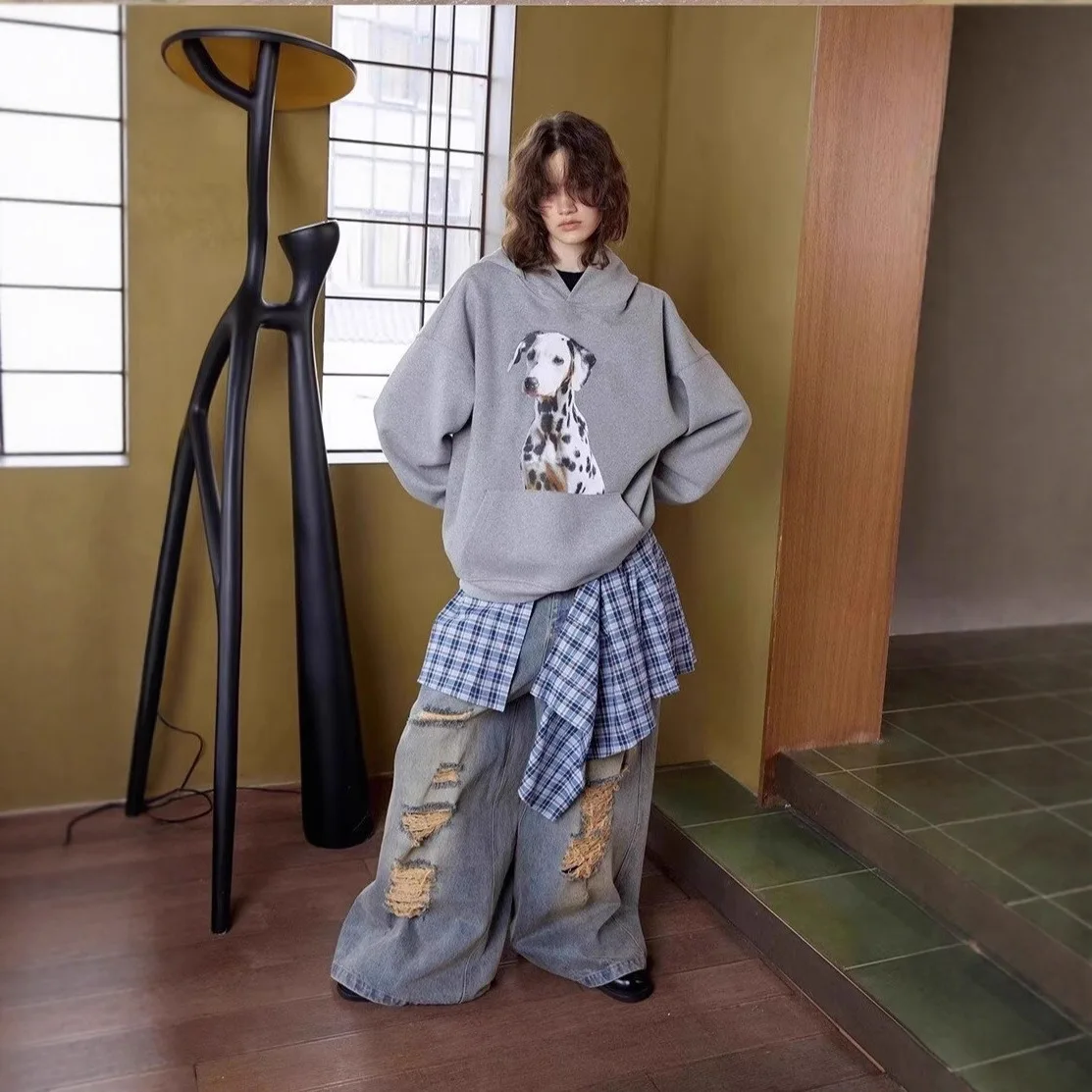 

Unisex Hoodies 2025 Autumn Winter Women's Gray Hoodie Cool Dog Print Design Lazy Style Loose Casual Sweatshirt