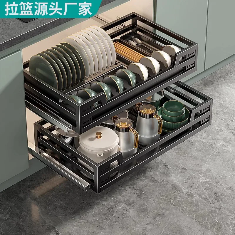 Source Manufacturer Pull Basket Kitchen Cabinet 304 Stainless Steel Double Drawer Bowl Rack Storage Dish Rack Cabinet Bowl Baske