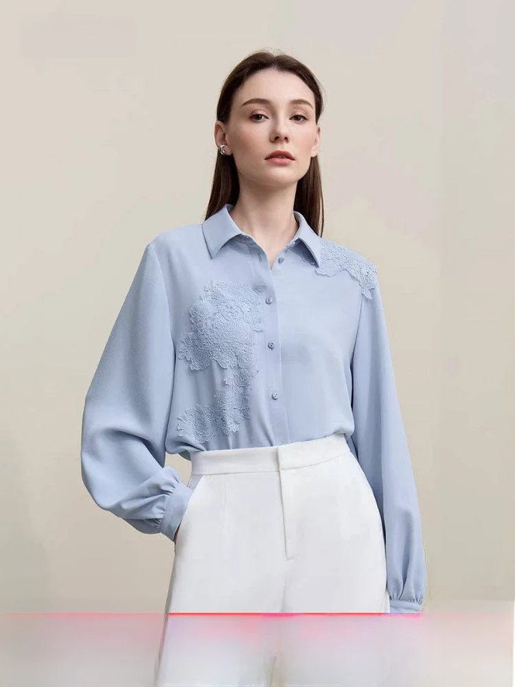 

Ele Commuter Sle Блузка с кружевной отделкой Женский свободный топ ручной работы с цветочным принтом из шифона на пуговицах Long Sve с растительным узором