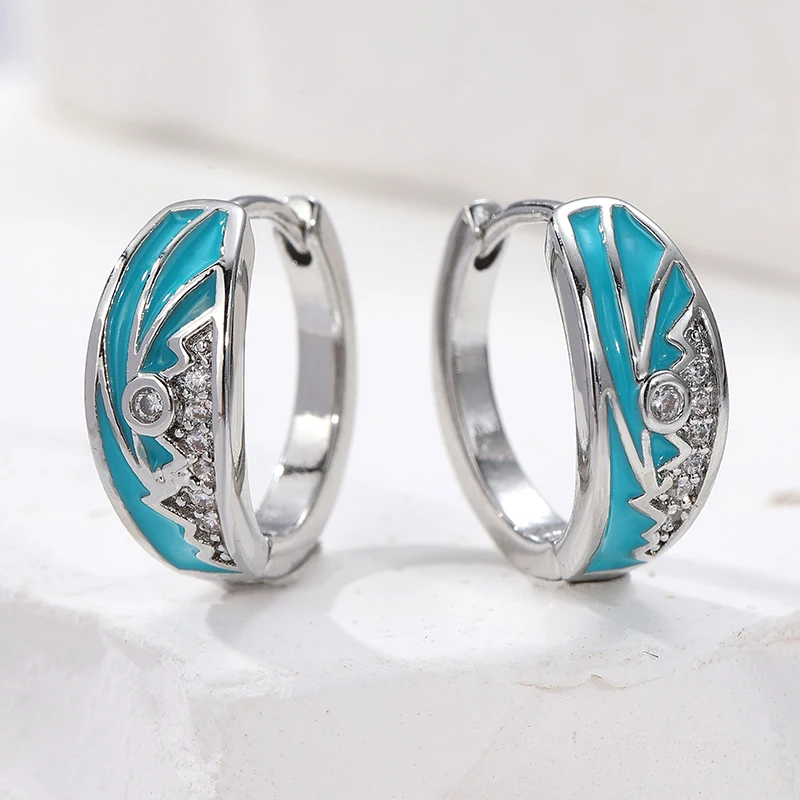 Ethnic Silver Color Inlaid White Cubic Zirconia Earrings Vintage Design Metal Hand Carving Blue Pattern Hoops Earrings Woman