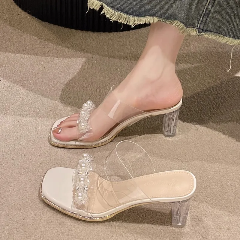 

Женские летние босоножки на высоком каблуке, женские летние прозрачные сандалии с блестящими кристаллами, женская обувь для вечеринок на прозрачном толстом каблуке