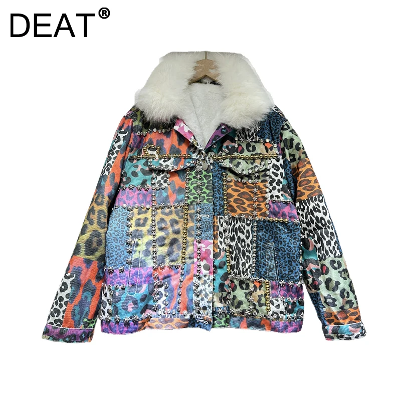 DEAT Women Denim Coat Colorful Leopard Printed Flowers Rivets Thick Plush Loose Single Breasted Jackets 2025 Spring New Fashion