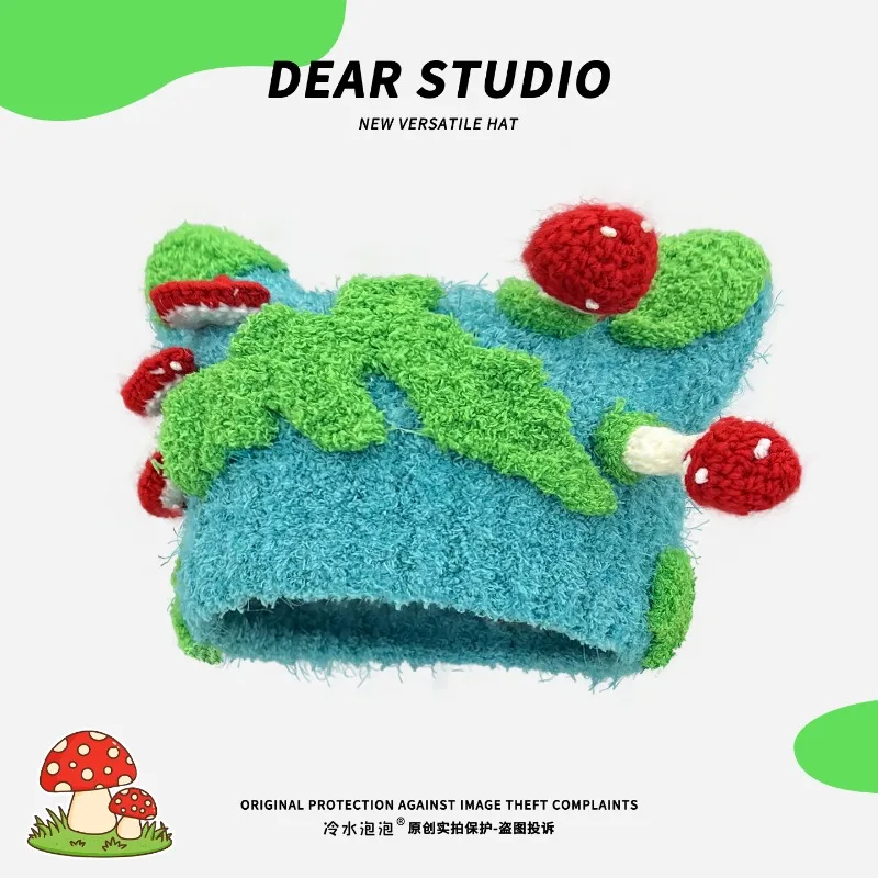 

Niche Cartoon Three-dimensional Mushroom Hand-woven Pullover Knitted Hat Women's Autumn and Winter Funny Warm Skull Beanie Caps