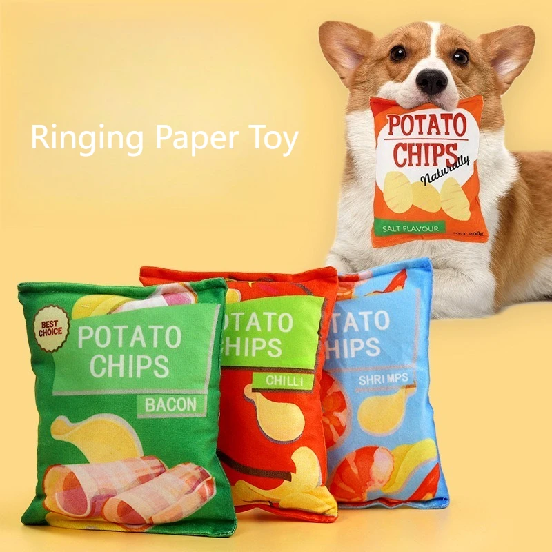 Juguetes divertidos para perros, bolsa de patatas fritas, juguete de papel para masticar para perros pequeños y medianos, juguetes interactivos para cachorros chirriantes, accesorios para mascotas