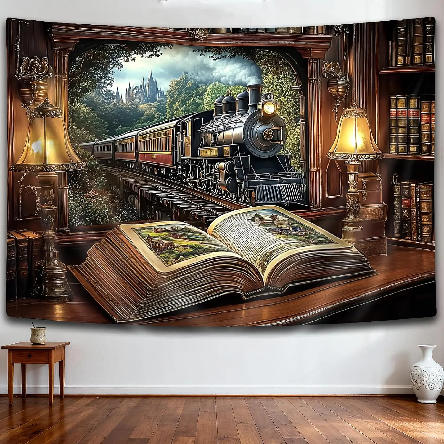 Vintage Steampunk Train Journey Tapestry Wall Art Library Book Adventure Engine Railway Decor 180x230cm