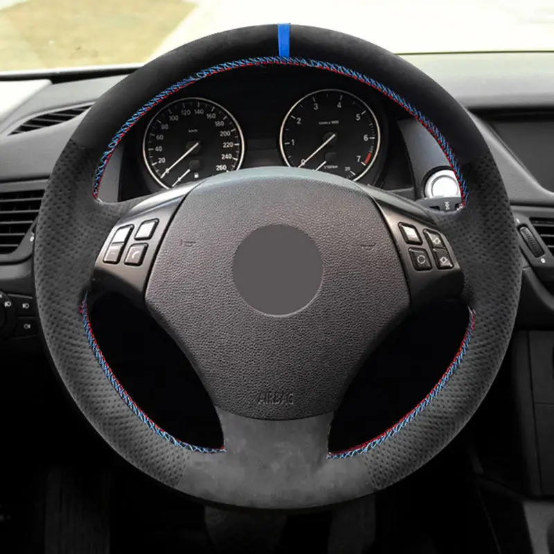 For BMW 3 Series E90 E91 2005-2011 X1 E84 2010-2013 Suede Leather W/ blue Bar Hand-stitched Car Inner Steering Wheel Cover Trim