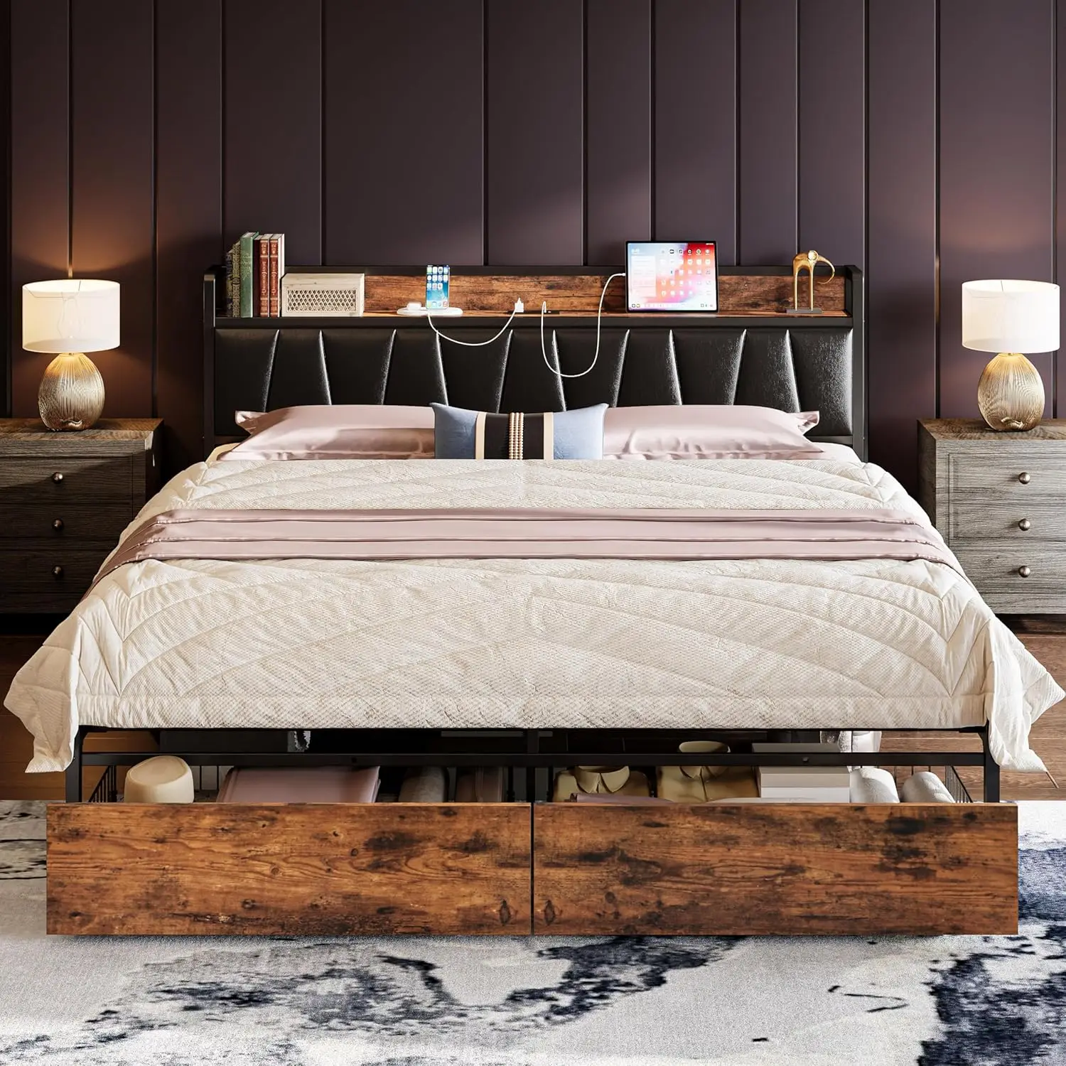 

King Size Bed Frame, Storage Headboard with Charging Station, Platform Bed with Drawers, No Box Spring Needed,