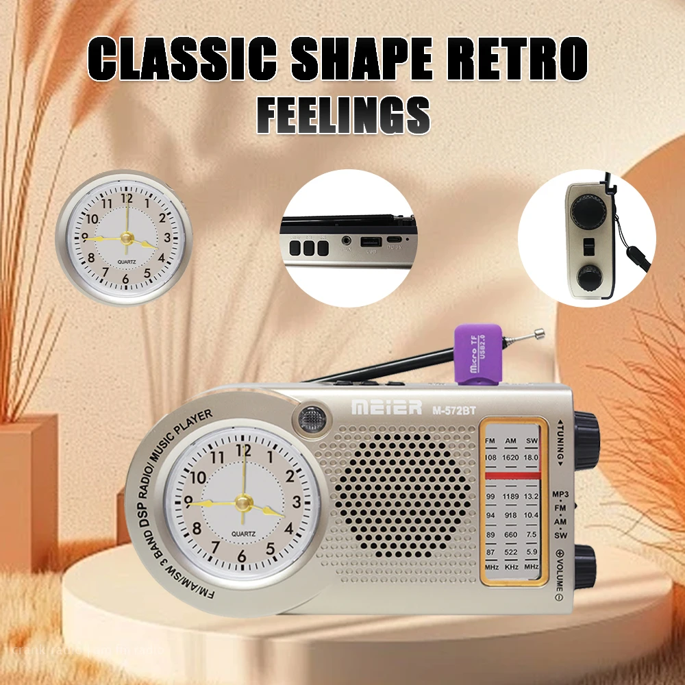 Kompakter Retro-FM/AM-Radioempfänger mit externem Wecker, Multibandradio, unterstützt USB-Verbindung