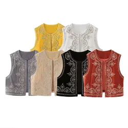 2024 Ethnic Velour Beading Sequin Embroidery Flower Open WaistCoat Women Velvet BOHO Sleeveless Vest Jacket Vacation Loose Tops