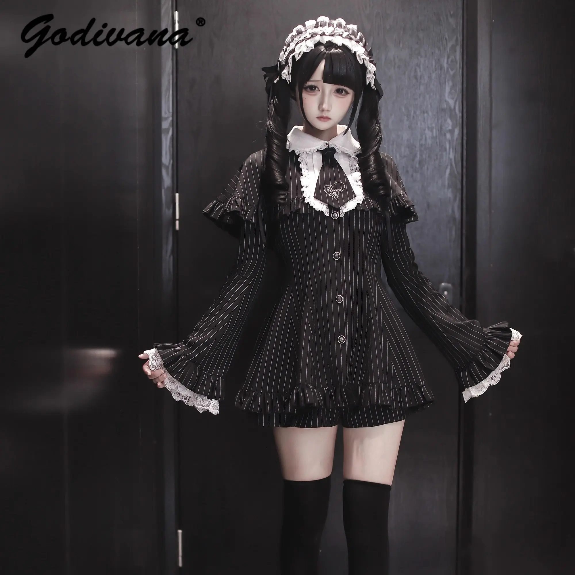

Original Lolita Top and Shorts Set New Spring Japanese Subculture Ji Sleeve Striped Cloak Dress Shorts 2 Piece Set Goth Outfits