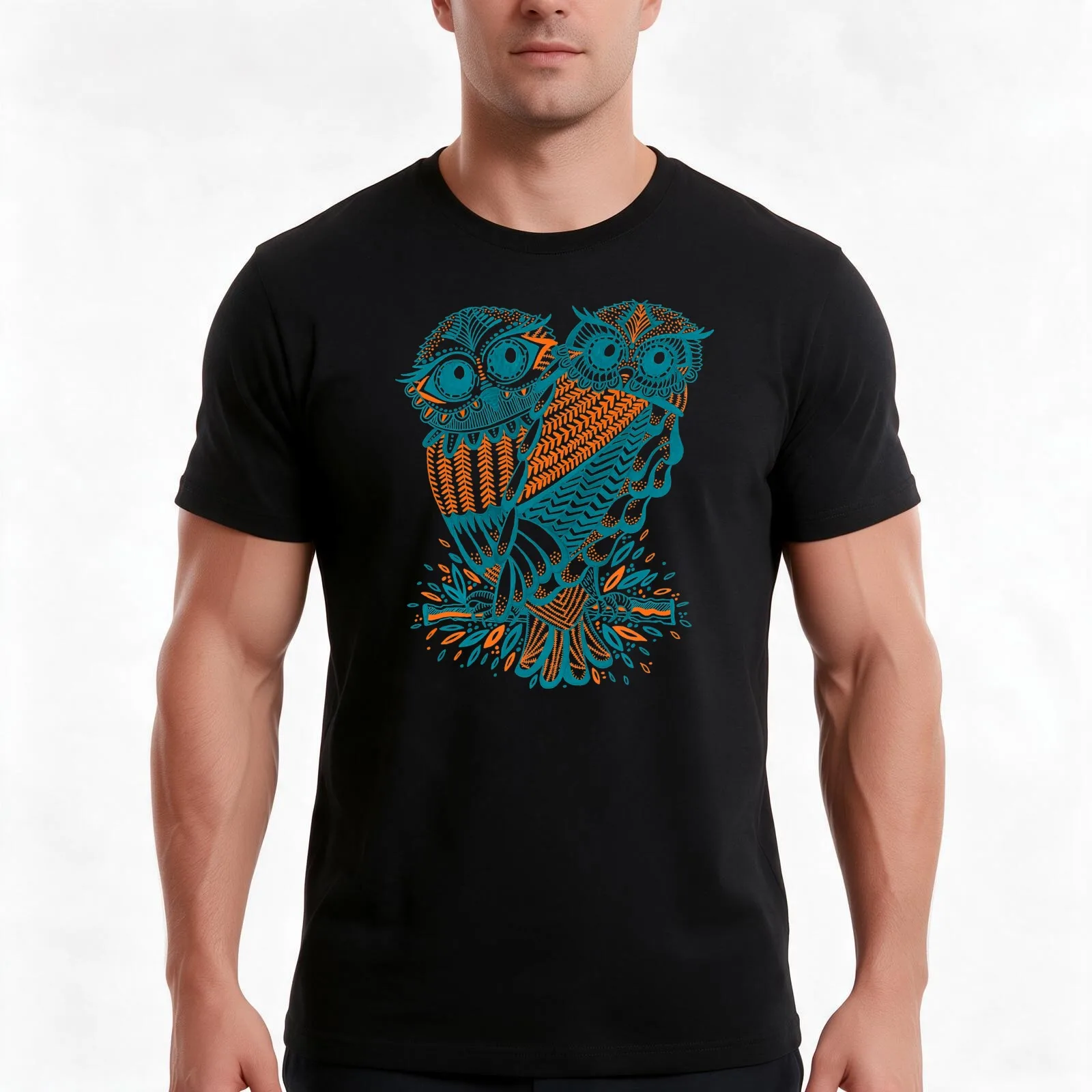 Owls – Teal & Orange T-Shirt, Summer Casual Cotton Tee, Oversized Streetwear Tops, Vintage Graphic Print, Loose Fit Short Sleeve