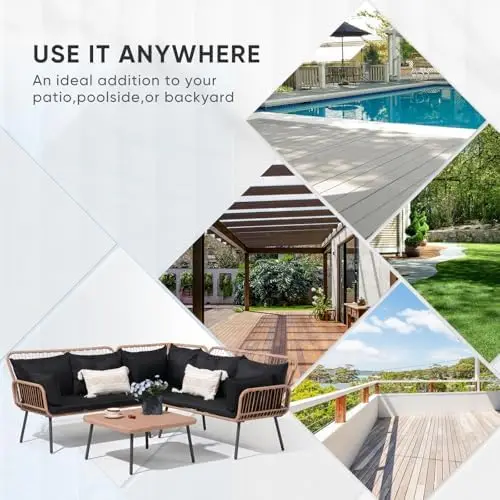 4-Piece Outdoor Wicker Patio Furniture Set with Cushions & Square Table, Black