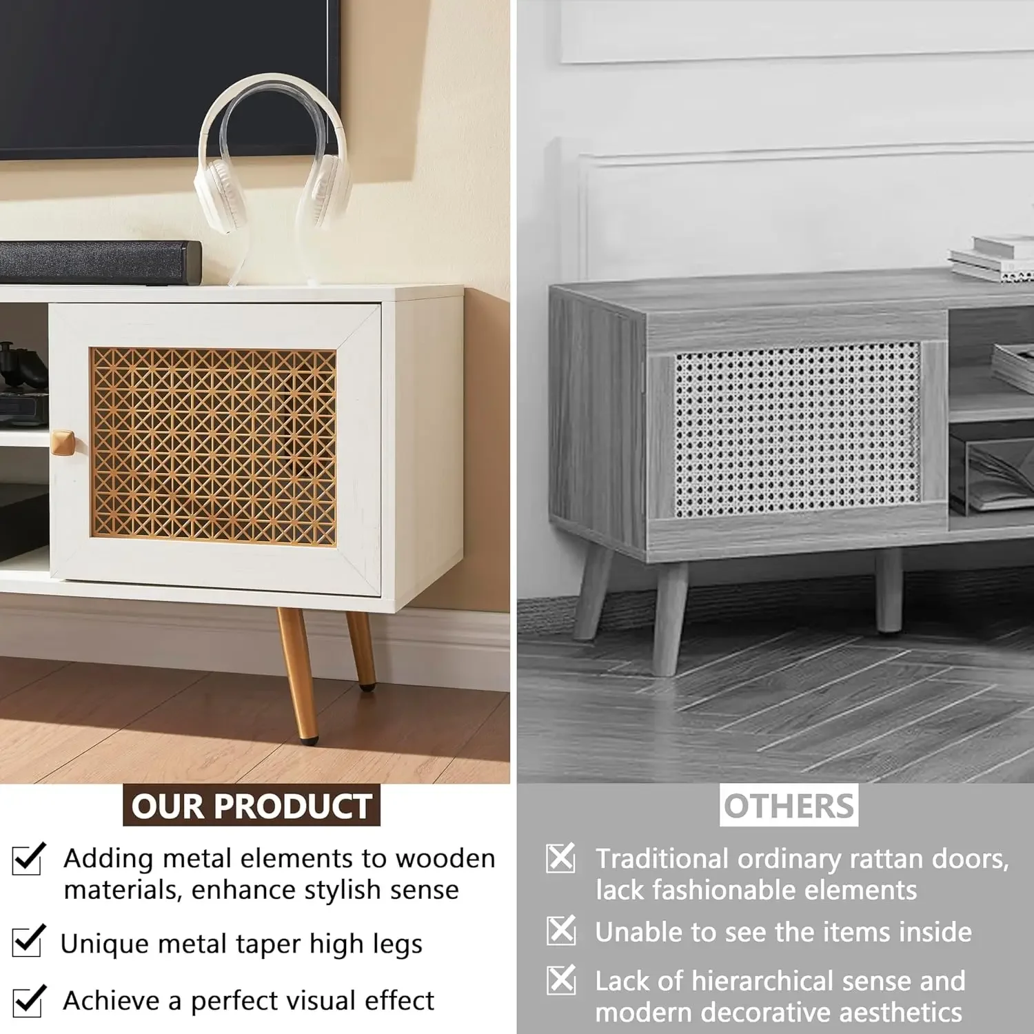 [أفضل بائع، اشترِ الآن! ] حامل تلفزيون أبيض حديث لمنتصف القرن مقاس 65 بوصة مع زخرفة معدنية وخزانة تلفزيون للتخزين الخشبي ورف مفتوح