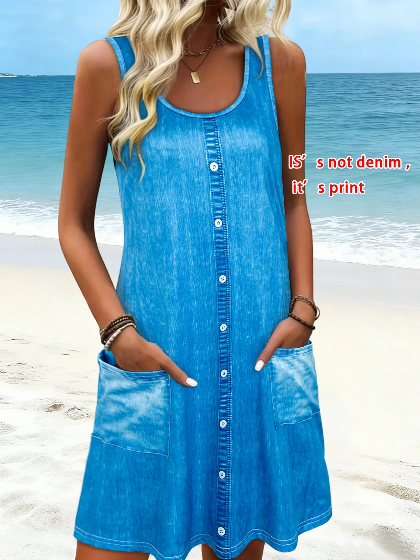 Ärmelloses Minikleid für Damen mit Denim-Print, lässiges Sommerkleid mit U-Ausschnitt und Taschen, kurzes Sommerkleid für den täglichen Urlaub am Strand