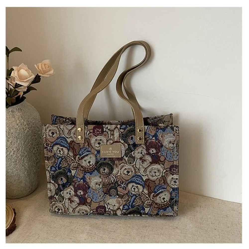 

Convenient Portable Handbag Casual Large Capacity Shoulder Bag Cartoon Bear Pattern Tote Bag