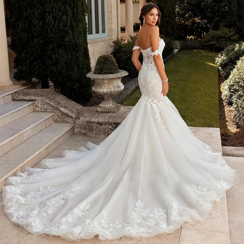 Customized Elegant Boho Off The Shoulder Woman's Wedding Dresses Appliques Mermaid Fuffy Tulle Bride Gowns Vestidos De Novia
