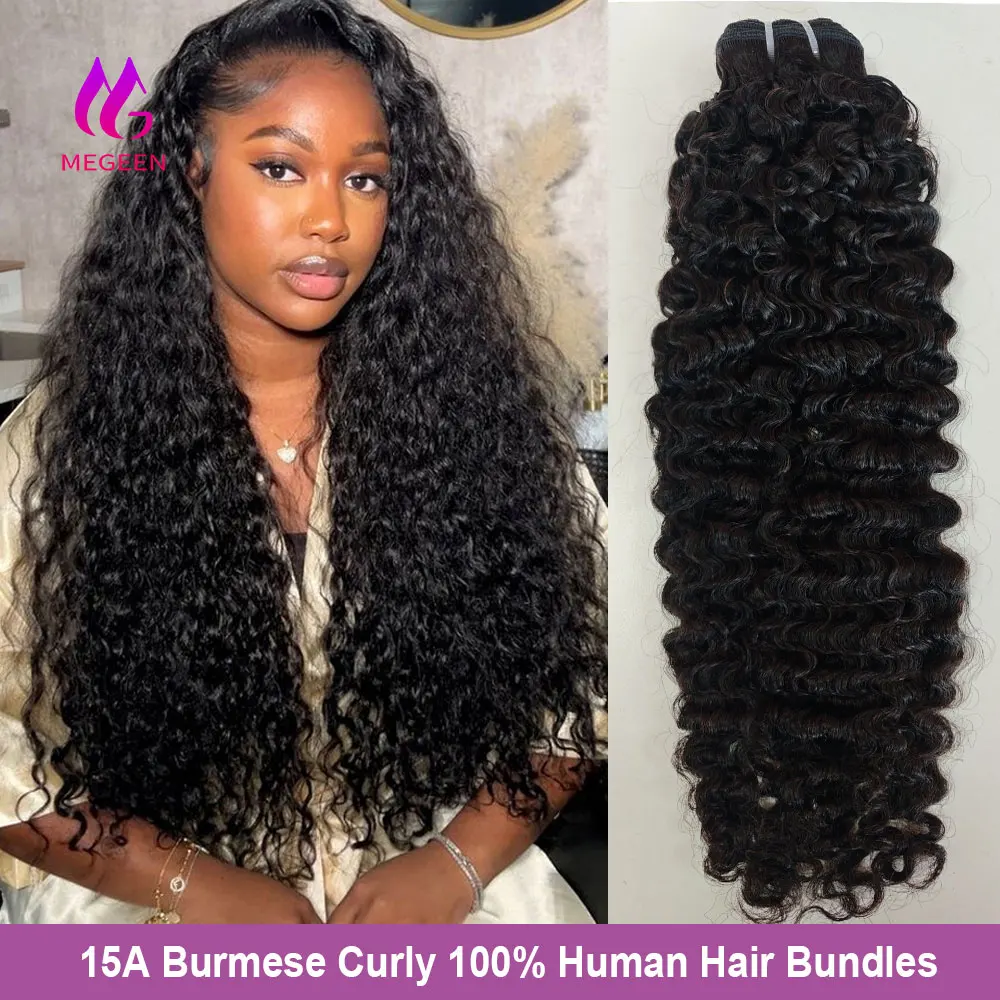 

Megeen Deep Wave Bundles Burmese Curly 1 3 4 Bundles Human Hair 15A Unprocessed Virgin Bundles 1B Weave Hair Extensions 32 Inch