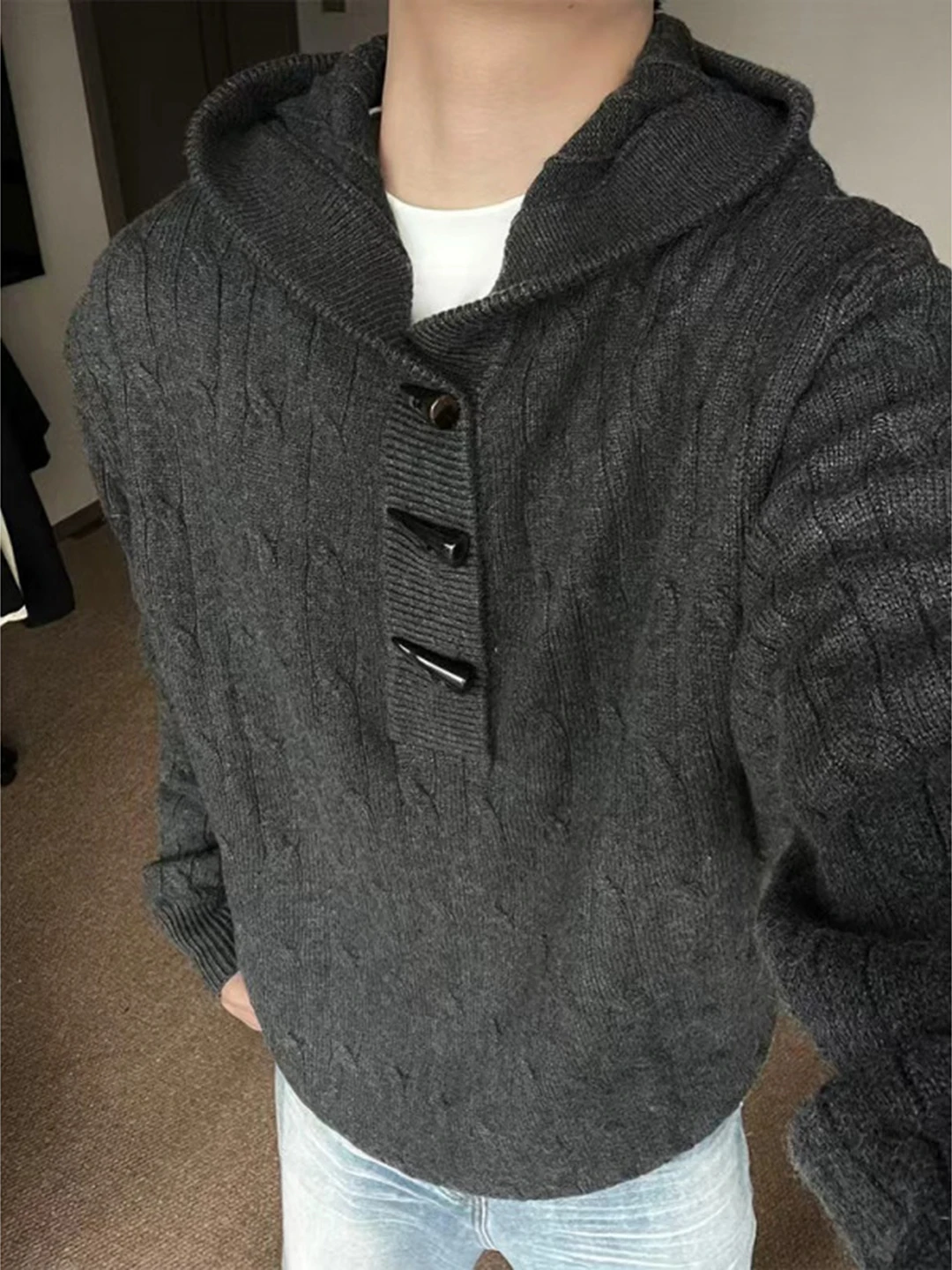 

Deep ey Twisted Knit Sweater Men's Sle Autumn Winter Lazy Sle Knitted Hoodie High-End Feeling f Open Cardigan Coat