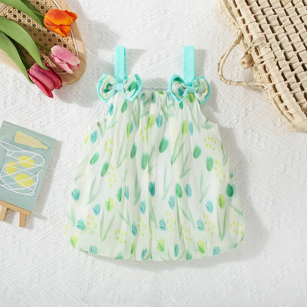 Summer New Girl Baby Dress with Bow and Sleeveless Puff Dress Handdrawn Tulip Sweet Princess Dress (0-3 Years Old)