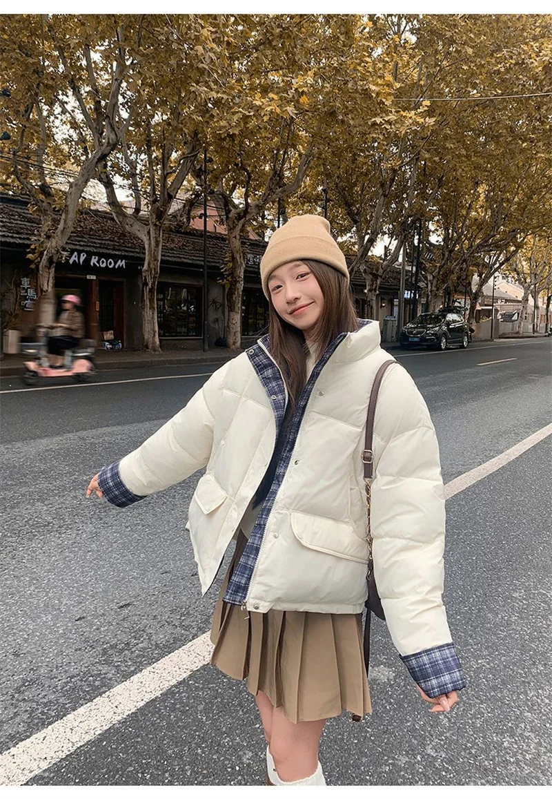 

Grid Splicing Cotton Jacket for Women, Short Style, 2025 New Autumn and Winter, Short Cotton Jacket, Top, Women's Bread Jacket